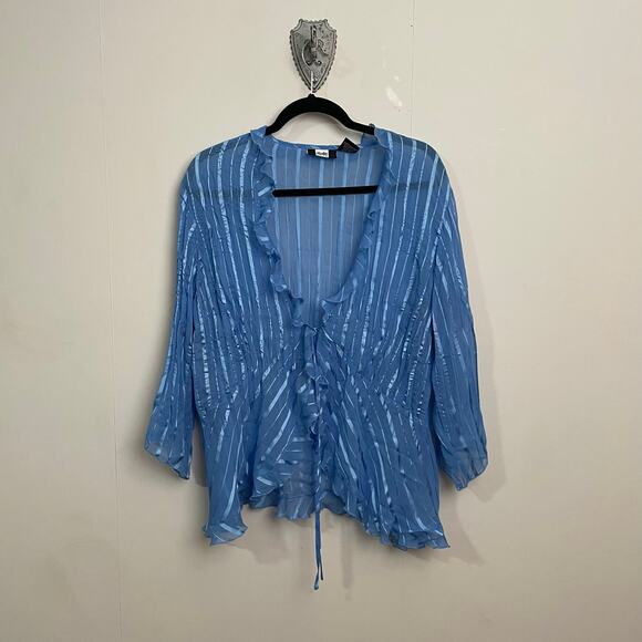 Vintage L Wicked stripe metallic blue long sleeve sheer blouse ruffle cardigan - Picture 1 of 7